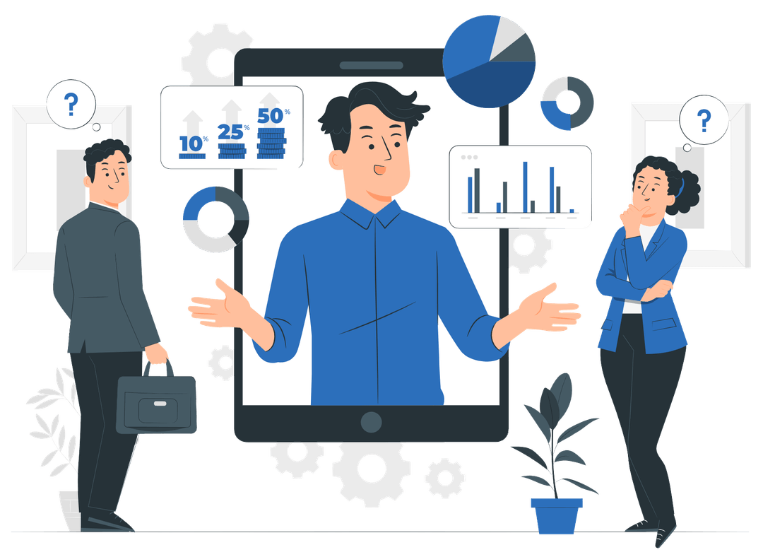 Clipart of person discussing a presentation online and brainstorming with other people