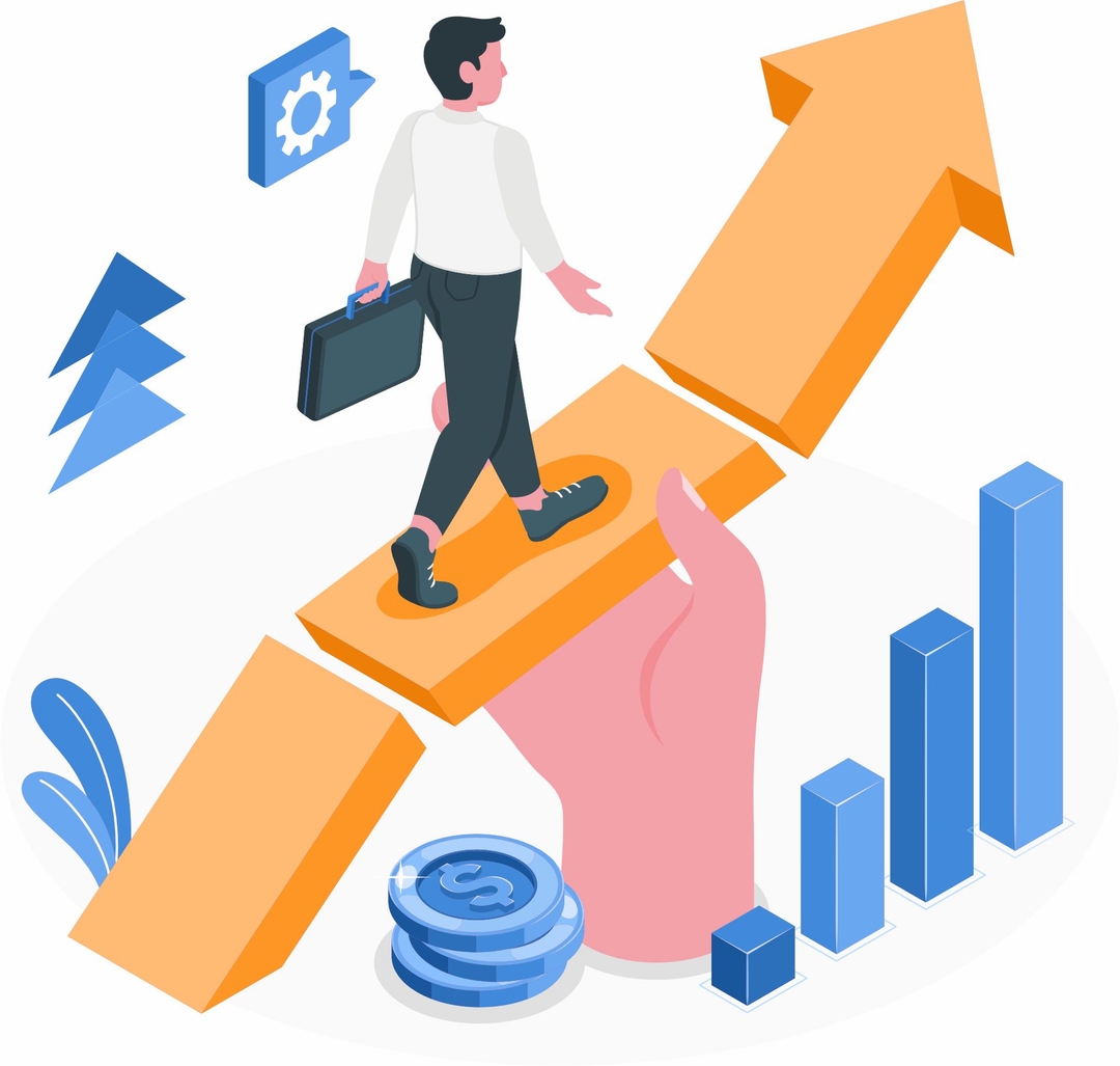 Clipart of a person with a briefcase climbing an arrow pointing upward surrounded by illustration of graphs and other things