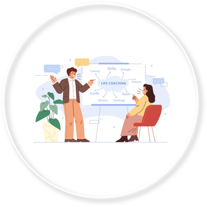  Clipart image of one person standing and one person sitting discussing a presentation on Life Coaching