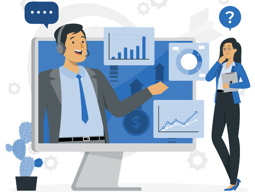  Clipart of a person discussing a presentation online and brainstorming with other person showing data and graphs