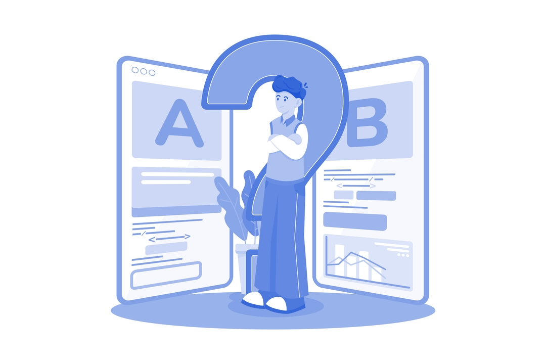 Clipart of a person standing in front of a big question mark and two screens displaying ‘A’ and ‘B’ as they try to make a choice with their hands crossed