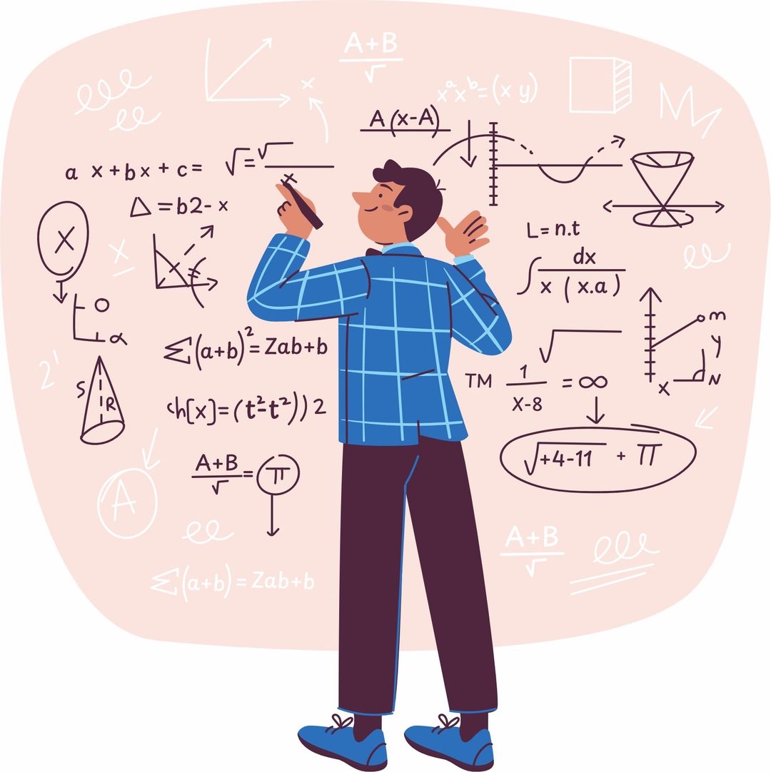 Clipart of a person solving a mathematical equation on a brown background screen