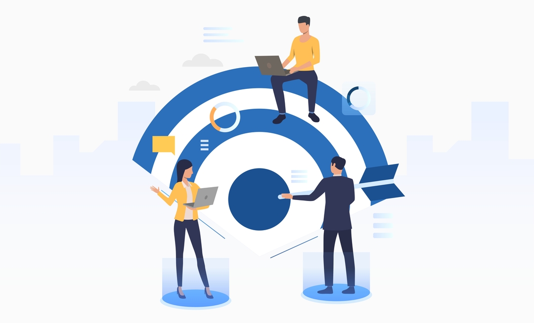 Clipart of a group of people working and discussing with background illustration depicting a semi circle with one person with a computer sitting on top of it