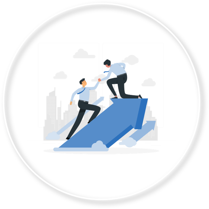Clipart image of a person on top of an upward arrowhead helping another person climb it
