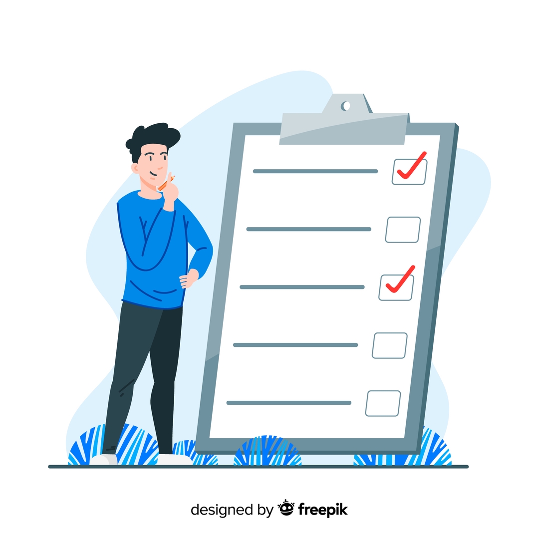 Clipart of a person standing in front of a huge checklist on a clipboard with two items checked off