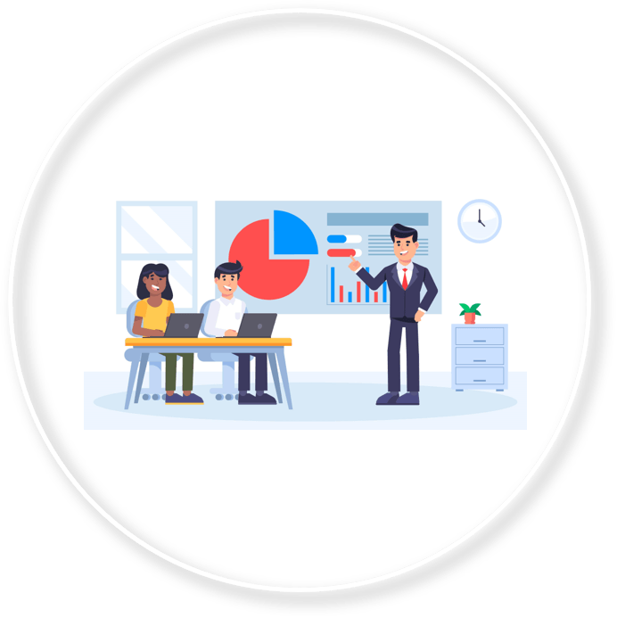 Clipart image of a person teaching about data presentation to two people sitting with laptops on their desk in an office room