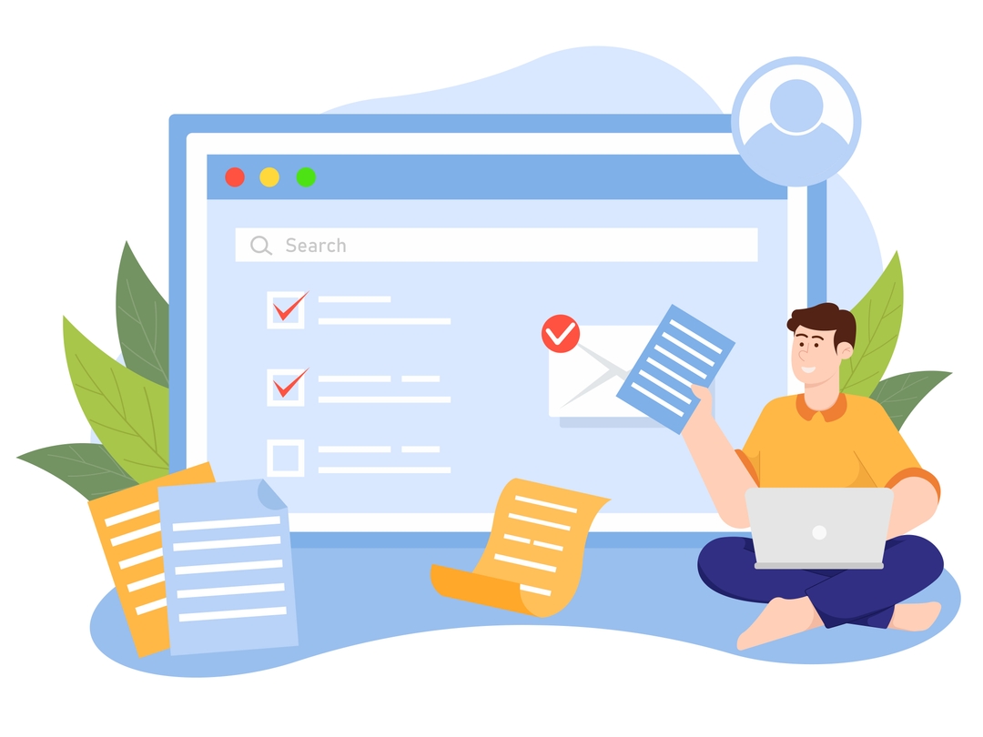 Clipart of a person sitting and working on a laptop sending document through an email illustrated in the background