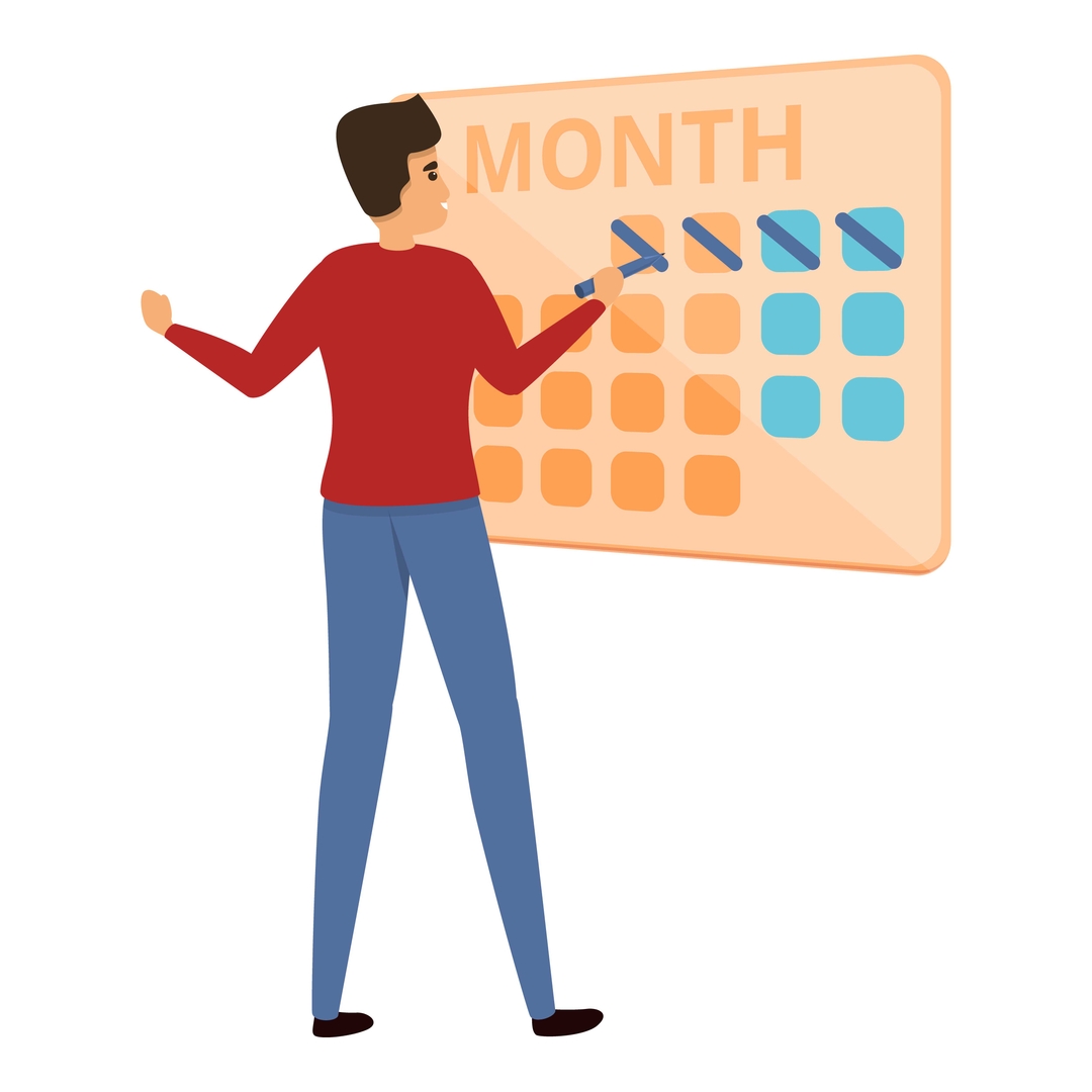 Clipart of a person in front of a huge calendar crossing off items on it
