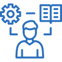A gear icon, book, and person flow icon