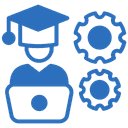 Student with graduation cap using laptop with gears representing online learning and skill development