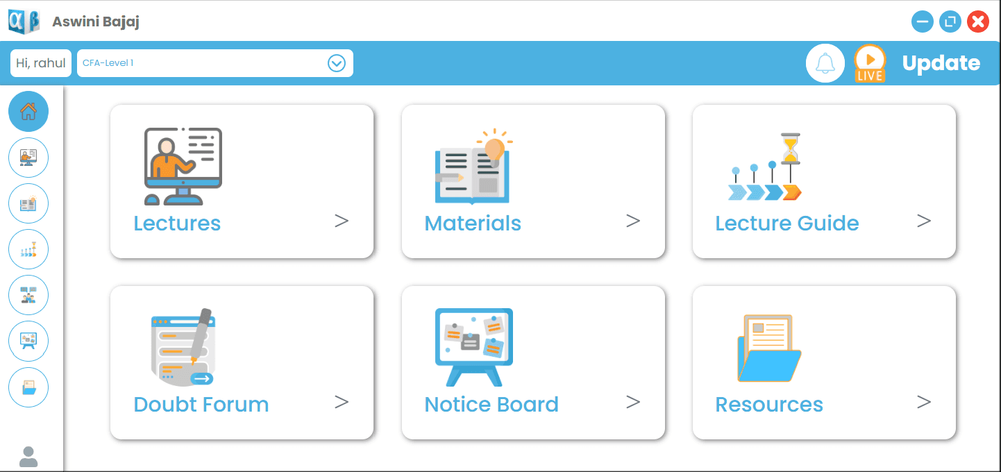 Desktop screenshot of Online Learning Tool provided by Aswini Bajaj Classes for CFA and FRM Courses