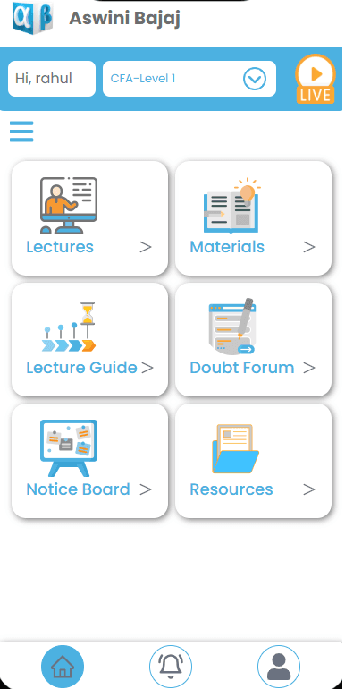 Tablet screenshot of Online Learning Tool provided by Aswini Bajaj Classes for CFA and FRM Courses