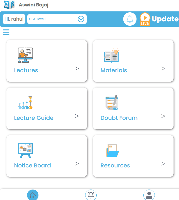 Mobile screenshot of Online Learning Tool provided by Aswini Bajaj Classes for CFA and FRM Courses 