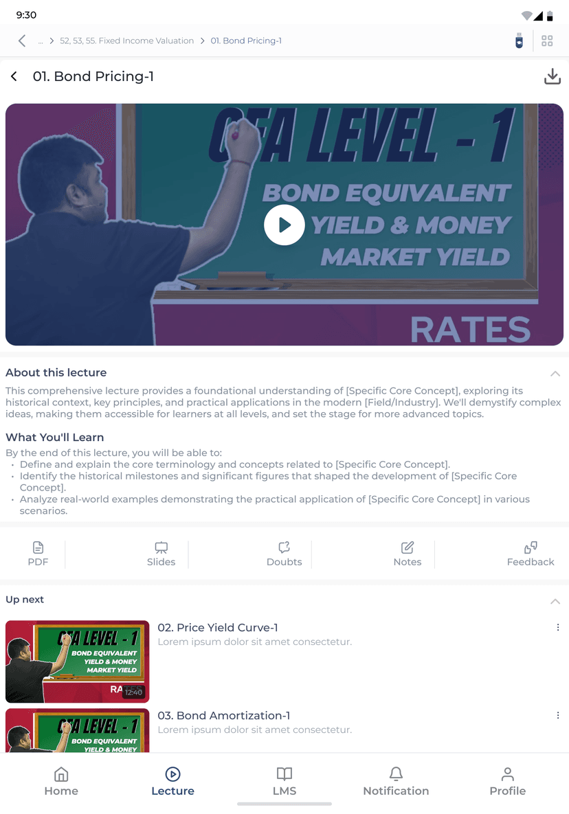 Tablet screenshot of Online Learning Tool provided by Aswini Bajaj Classes for CFA and FRM Courses