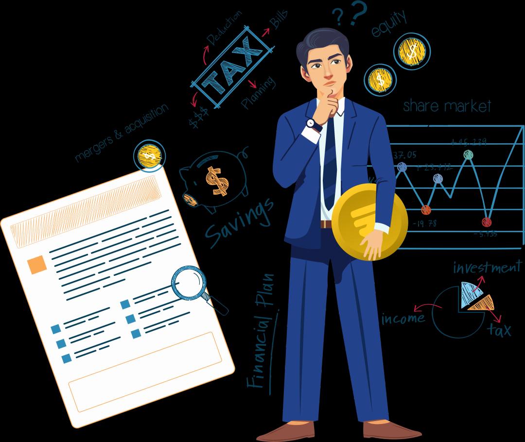 Clipart of a person in a suit thinking about breaking into finance as a career with the background filled with illustrations of charts, financial terms, and document