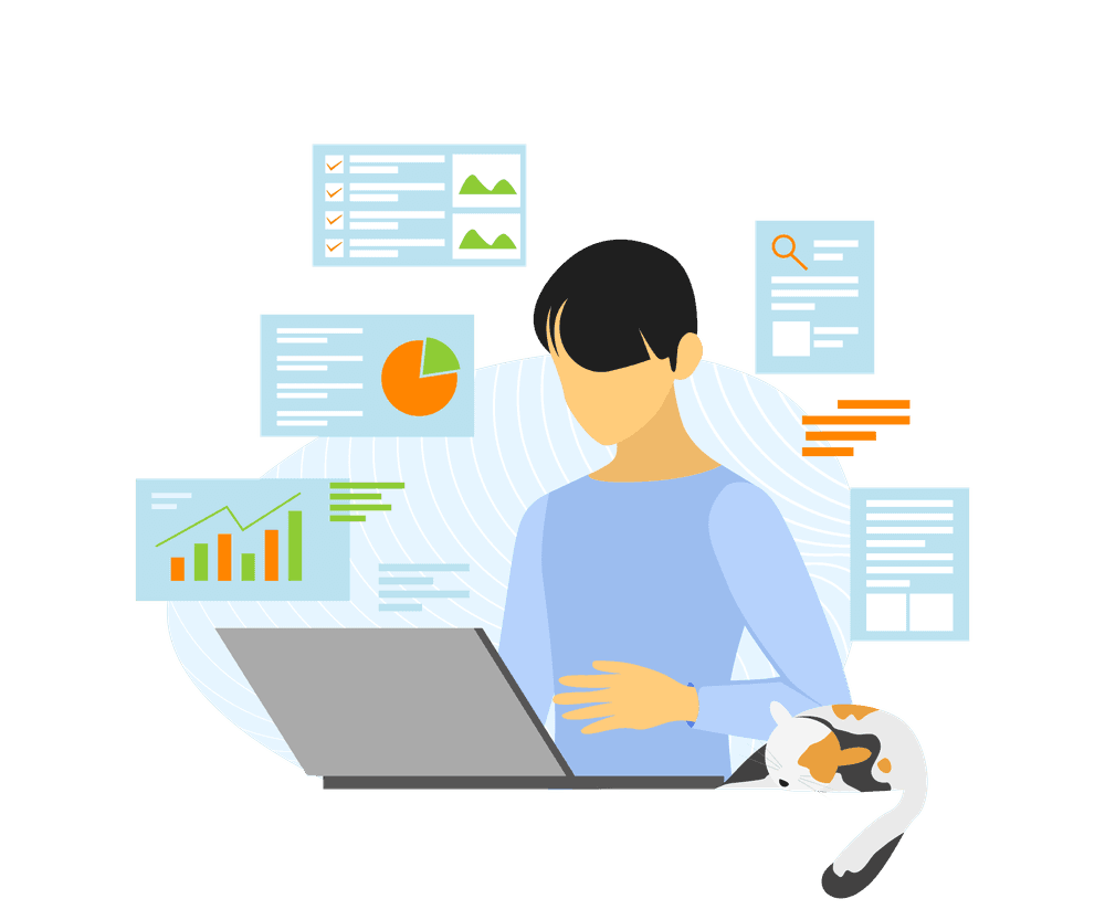 Clipart of a person working in front of an open laptop with a pet sleeping nearby and presentation of graphs and data shown in the background