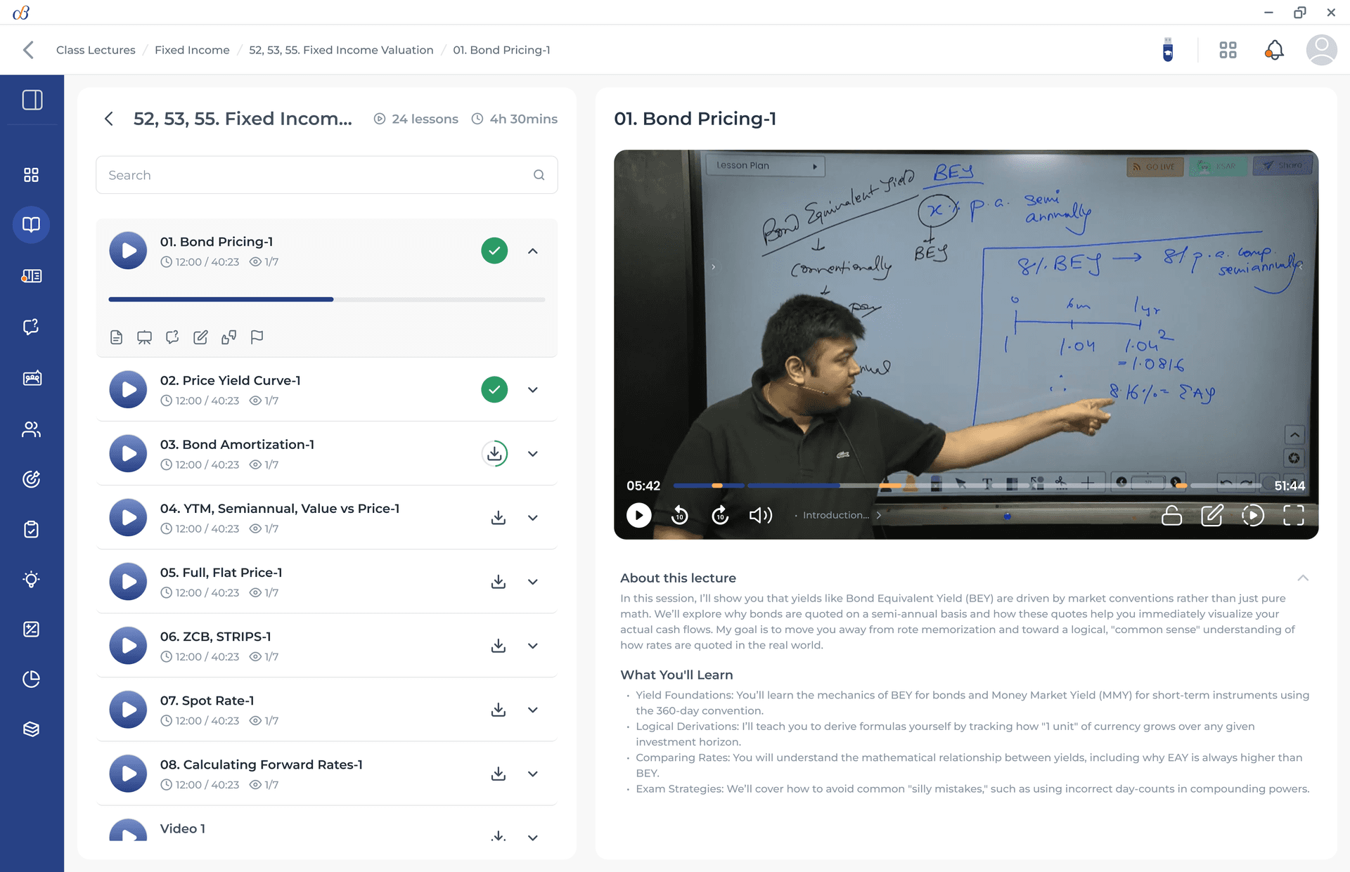 Desktop screenshot of Online Learning Tool provided by Aswini Bajaj Classes for CFA and FRM Courses